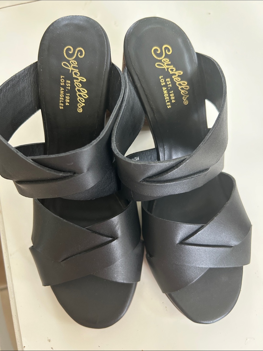 Seychelles Black Leather Crisscross Mule Heels